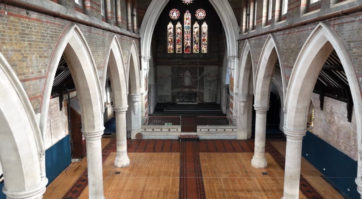 Interior of St Michael and All Angels Church, Shoreditch, during RICS Schedule of Condition inspection